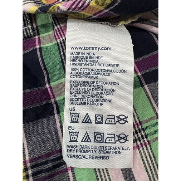 Tommy Hilfiger plaid button up long sleeve yellow teal pink blouse womens size L - Picture 6 of 8